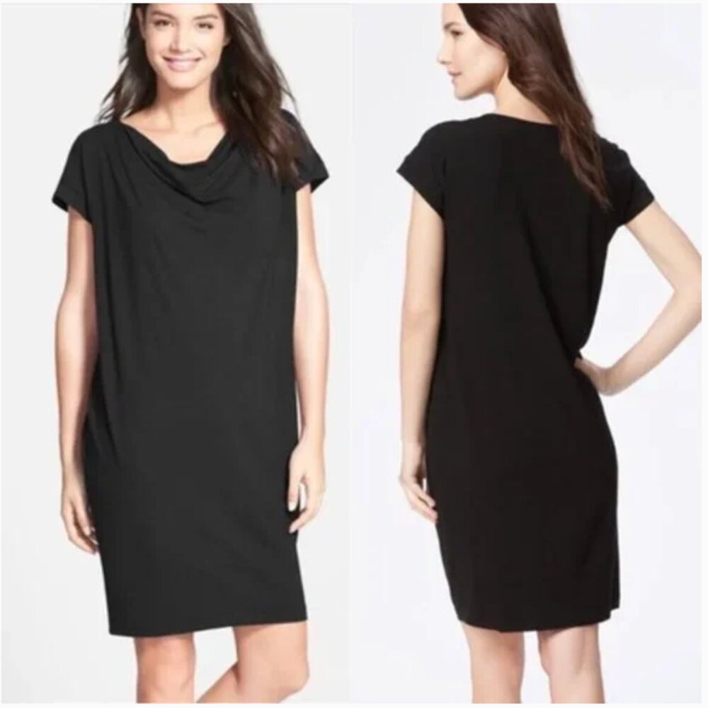 Eileen Fisher Cowl Neck Jersey Knit Shift Dress Short Sleeve Large Black